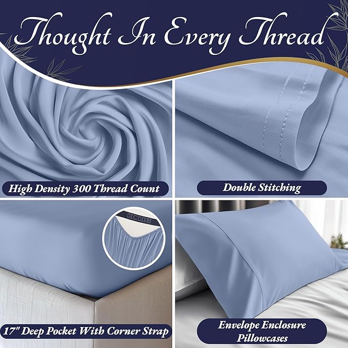 DECOLURE 100% Viscose Derived from Bamboo Sheets Twin Size 3pcs - Ultra Soft & Luxuriously Cooling, 17" Deep Pocket, Double Stitching, Perfect for Hot Sleepers - Twin Bed Sheets (Light Blue)
