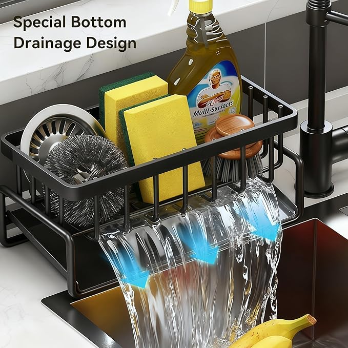 Sponge Holder for Kitchen, Sink Caddy Organizer Rack for Kitchen Accessories, Soap Dispenser Countertop Organizer Essentials for Home (Black)