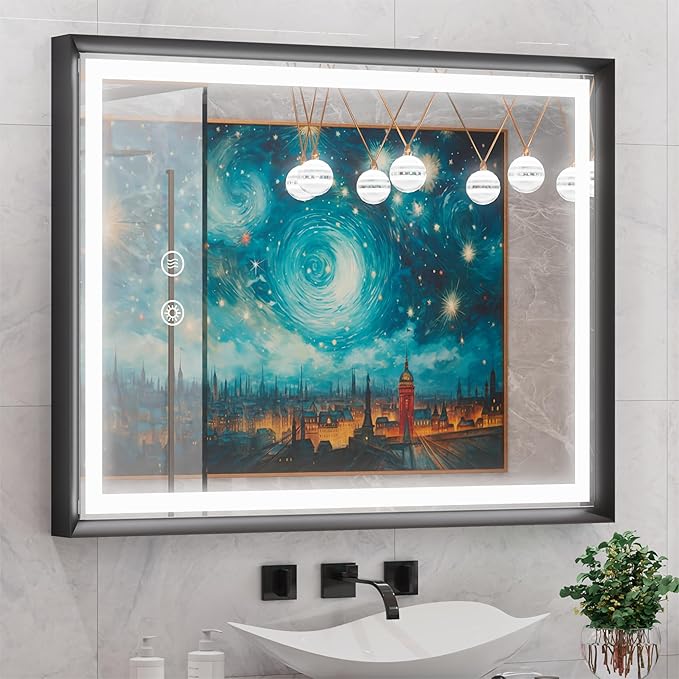 28x36 Inch LED Mirror for Bathroom, 3 Color Temperatures (3000K/4500K/6000K), Anti-Fog, Dimmable Lights, Memory Function, Matte Black Aluminum Frame