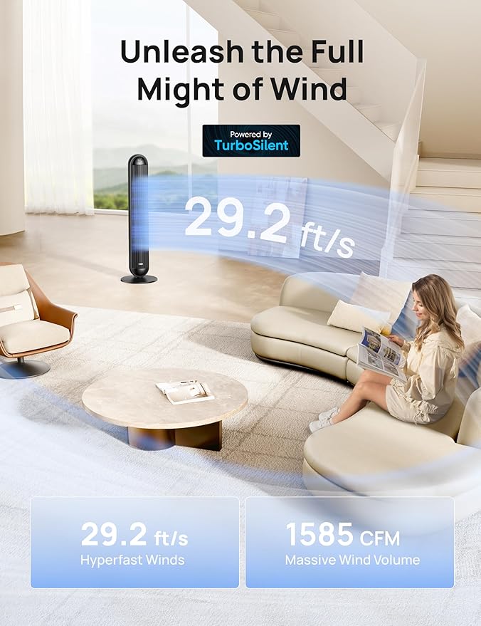 Dreo Tower Fan and Heater Combo, 29.2ft/s Standing Fans for Bedroom, 17 Levels, 6 Modes, 120° Oscillation, 42 Inch, 12H Timer, 25dB Quiet, with Remote, for Office, Large Room, Black
