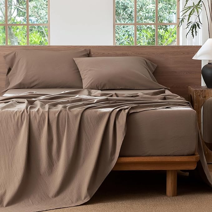 MooMee Bedding Sheet Set 100% Washed Cotton Linen Like Textured Breathable Durable Soft Comfy (Solid Brown, Queen)