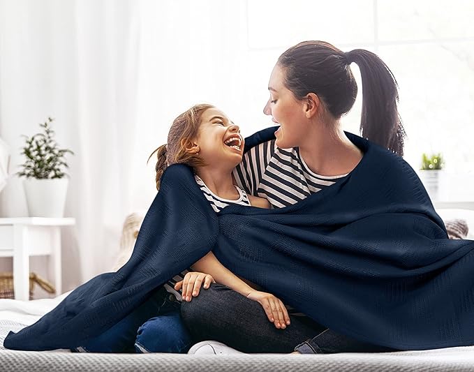 Utopia Bedding Navy 100% Cotton Blanket [Queen Size - 90x90 Inch] 350GSM Lightweight, Soft and Breathable Thermal Blanket for All Seasons