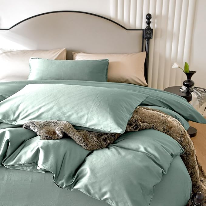 PURE ERA Duvet Cover Set 800 Thread Count Long Staple Cotton Sateen Silky Soft Luxurious Smooth 3 Piece Set Sage Green Cal King
