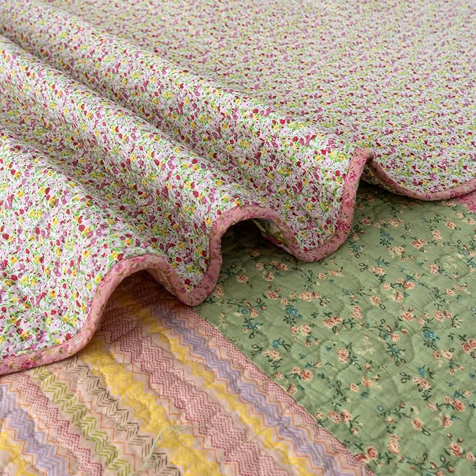 YAYIDAY Quilts Queen Size Patchwork Bedspread Set - 100% Cotton Reversible Breathable Floral Quilted Quilt with Pillow Shams Fit All Season