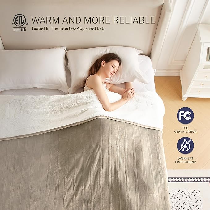 Electric Blanket Throw 50"x60" Heated Electric Blankets 10 Heating Levels 12 Time Settings 3 Hours Auto Off Fast Heating and Overheat Protection ETL Certified Machine Washable,Light Brown