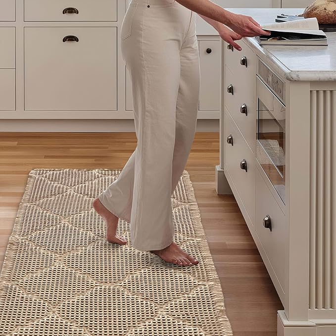 ZALL Tan Waffle Bath Mat,Super Absorbent Non Slip Bathroom Rug,Brown 24X60 inch, Geometric Diamond Machine Washable Ultra Soft Floor Mats