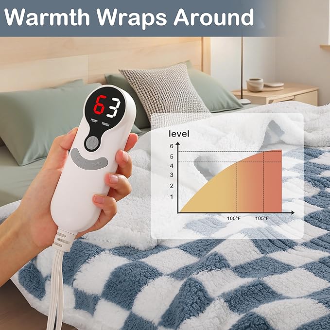 Electric Heated Blanket 6 Heating Settings & 1-10H Auto Off Full 72×84 Checkered Plaid Double Sided Plush Sherpa Ultra-Soft Warm Thick, Machine Washable, Fast Heating, Home Office Light Blue