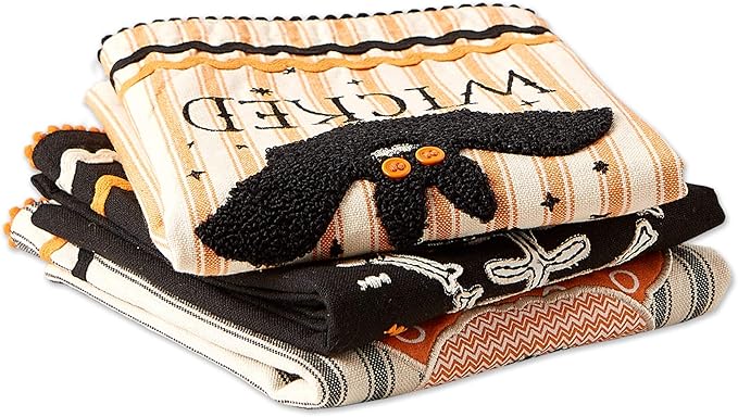 DII Happy Halloween Dishtowel Collection Embellished Cotton Kitchen Hand Towel Set, 18x28, Trick or Treat Skeleton, 3 Count