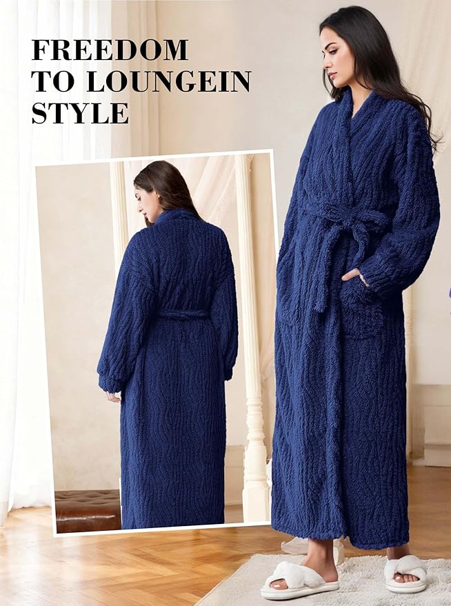 Artfasion Womens Long Fleece Robe - Warm Soft Floor Length Flannel Bathrobes for Winter Thicker Long House Coat with Pockets