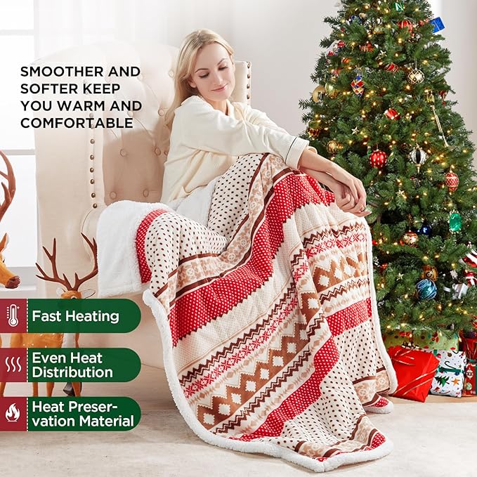 Westinghouse Christmas Heated Throw Blanket, Super Soft Flannel to Sherpa Electric Throw with 6 Heating Levels & 2-10 Hours Auto Off, Fast Heating & Overheat Protection, 50x60 Inch