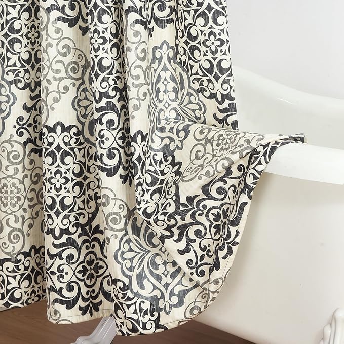Fabric Shower Curtain 78 Inches Long, Black and Beige Boho Medallion Print Shower Curtains for Bathroom, 72" W x 78" H