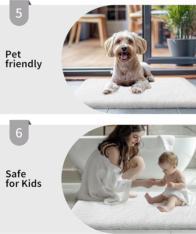 Small Bathroom Rugs 17x24 Non Slip White Fluffy Bath Mat for Bathroom Floor Machine Washable Plush Luxury Bath Rug for Tub Soft Shaggy Absorbent Shower Mat
