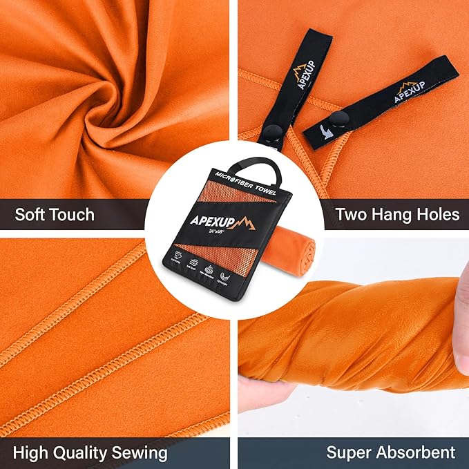 APEXUP Microfiber Travel Towel, Ultra Absorbent Quick Dry Towels, Lightweight Gym Sports Camping Towel for Workout, Yoga, Beach, Shower, Swimming (48"×24", Orange)
