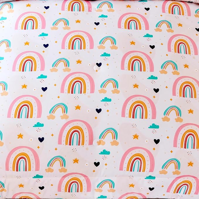 ANGIYUIN 6 Pieces Multi-Color Rainbow Twin Size Comforter Set for Girls Kids Cute Cloud and Love Hearts Girls Bedding Set Soft Microfiber Girl Bed in a Bag with Comforter, Sheets, Pillowcases