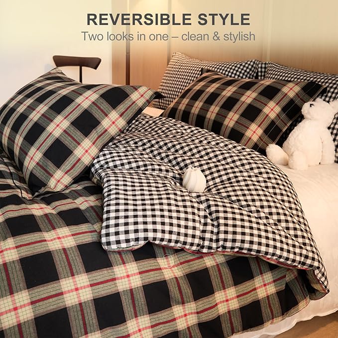100% Cotton Comforter Set King Size – Reversible Yarn-Dyed Checkered Design, Soft Washed Cotton on Both Sides, Lightweight All-Season Bedding, Machine Washable(Black Red Plaid, 104”x90”)