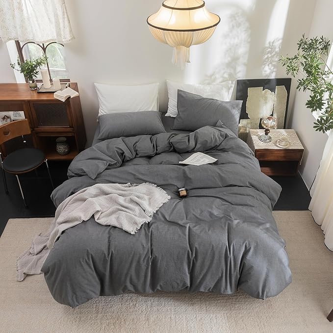 FOSSA Duvet Cover Set 100% Washed Cotton Linen Feel Super Soft Breathable Cozy 3 Pieces Bedding Sets Solid Dark Grey Twin
