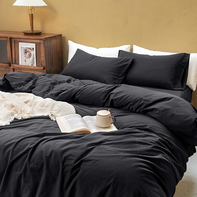 FOSSA Duvet Cover Set 100% Washed Cotton Linen Feel Super Soft Breathable Cozy 3 Pieces Bedding Sets Solid Black Twin/Twin XL