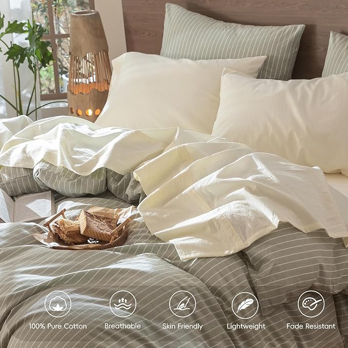 MooMee Bedding Sheet Set 100% Washed Cotton Linen Like Textured Breathable Durable Soft Comfy (Solid Cream White, King)