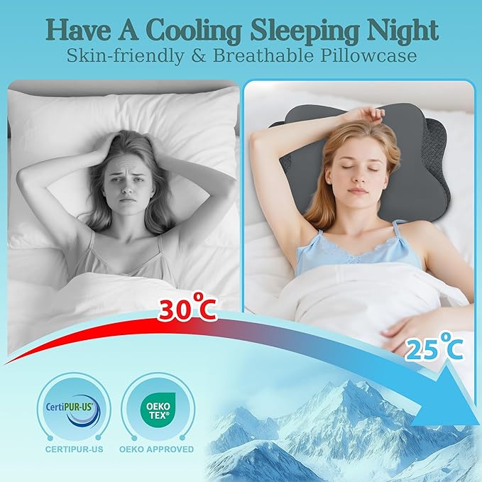 Cervical Neck Pillow for Sleeping,Memory Foam Pillows for Neck Pain Relief,Ergonomic Neck Support Contour Pillow for Side Back Stomach Sleepers,Orthopedic Breathable Pillowcase(Dark Grey)