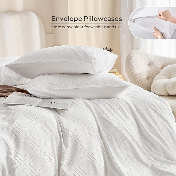 JELLYMONI Duvet Cover Full Size Bright White - 3PCS Boho Duvet Cover Set Plaid Polyester Tufted Bohemian Jacquard Knit Textured Comforter Cover 80×90in Rhombic Geometric Pattern Corner Ties & Zipper