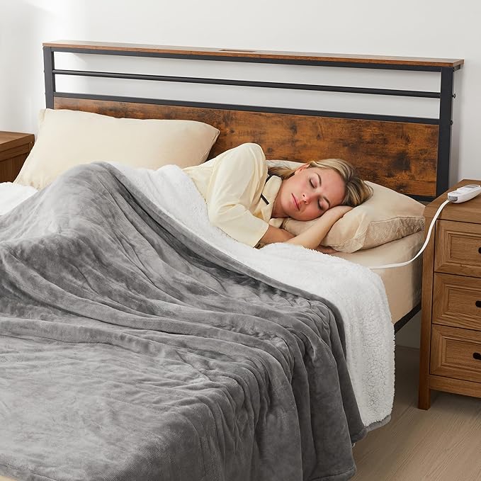 SUNVIVI Heated Blanket Queen Size, Electric Throw Dual Control, 5 Years Warranty, 10 Heat Settings, 12 Hours Auto Off, Soft Flannel and Sherpa, Machine Washable, ETL Certified, Grey, 84x90 Inch