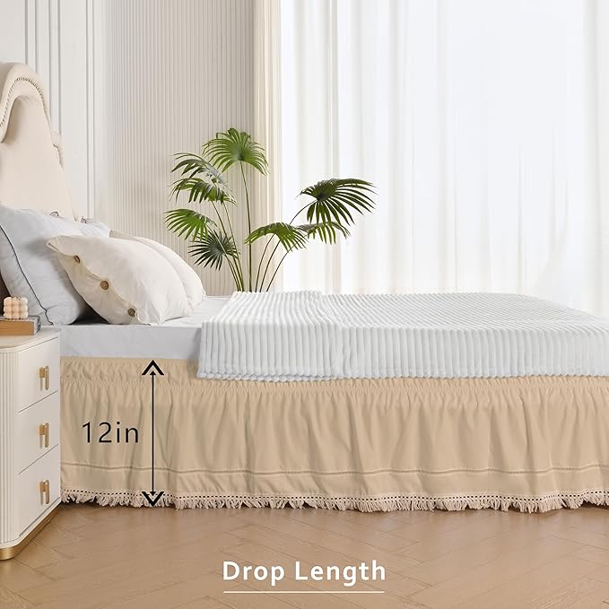 MIYE Wrap Around Ruffled Lace Bed Skirt, Elastic Dust Ruffle with Adjustable Belts, Easy to Put On, Bed Frame Cover, Machine Washable (Tassel Ruffle/Beige, Full/Twin-12.5" Drop)