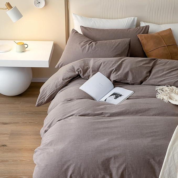 JIYUAN 100% Washed Cotton Duvet Cover Set 3 Pieces Queen, 1 Duvet Cover 90x90 Inches(Comforter Not Included) and 2 Pillowcases,Linen Feel Bedding Set Comfy and Breathable, Heathered Mauve Brown