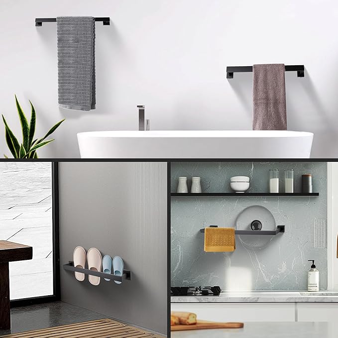 LANC 16 Inche Black Towel Bars for Bathroom Wall Mounted, Total-18 Bath Towel Racks Stainless Steel for Bathroom Kitchen Towel Holder Towel Hanger Towel Rods, Matte Black A8804MB-4P1