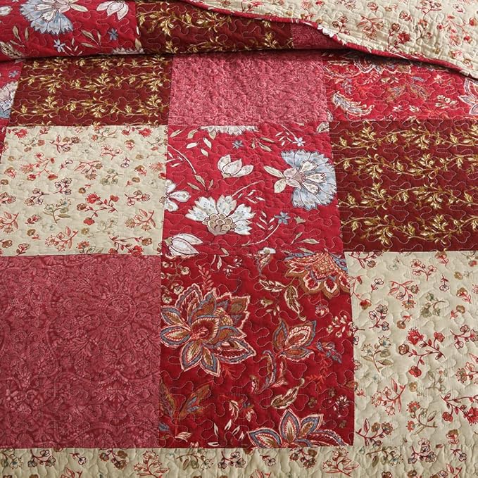Cotton Bedspread Quilt Bedding Sets 3 Pieces Reversible Coverlet Sets Comforters Vintage Floral Patchwork Purple Red Bedspread, Queen Size