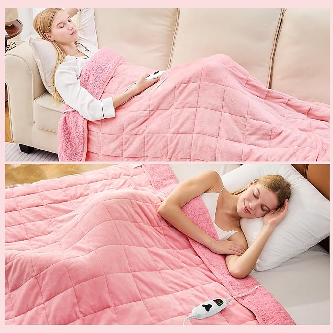 CYMULA Heated Weighted Blanket for Adults, Weighted Heated Blanket 60" x 80", 20lbs Sherpa Fleece Weighted Electric Blanket Soft Heating Blanket with 10 Heating Levels & 1-8 Hours Auto Off, Pink