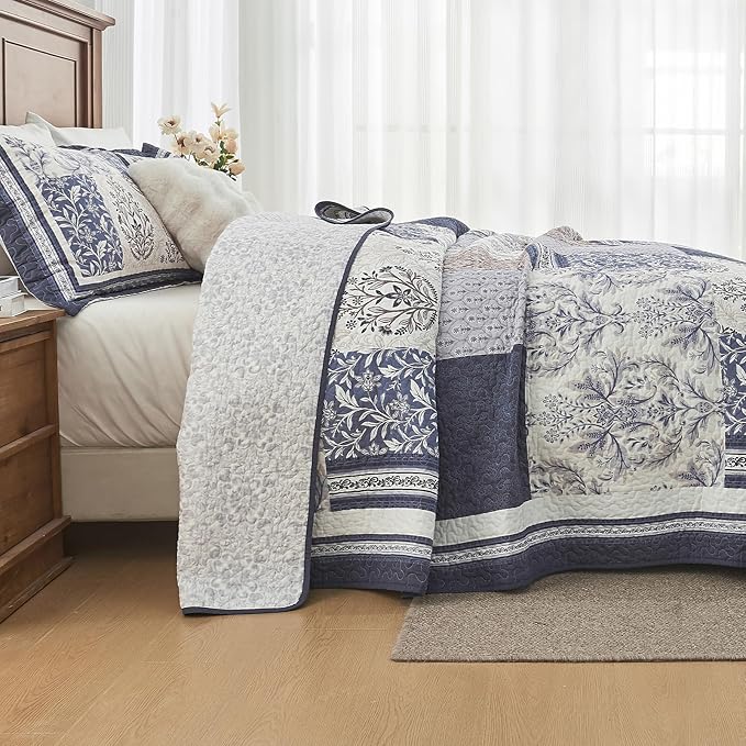 100% Cotton Quilt Set King Size - Floral Quilted Comforter, Patchwork Botanical King Quilt Bedspread, Reversible Vintage Farmhouse Lightweight Bedding for King Bed, 3pcs, Blue/Beige