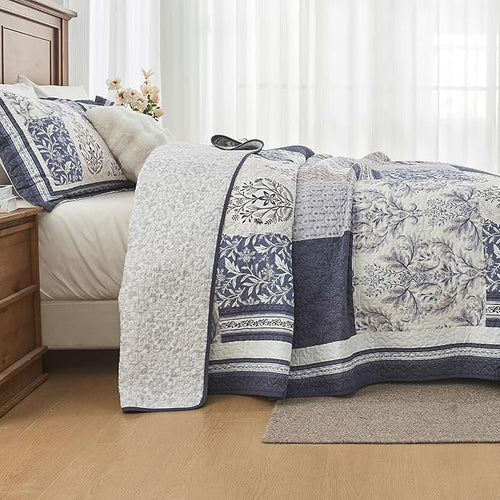 100% Cotton Quilt Set King Size - Floral Quilted Comforter, Patchwork Botanical King Quilt Bedspread, Reversible Vintage Farmhouse Lightweight Bedding for King Bed, 3pcs, Blue/Beige