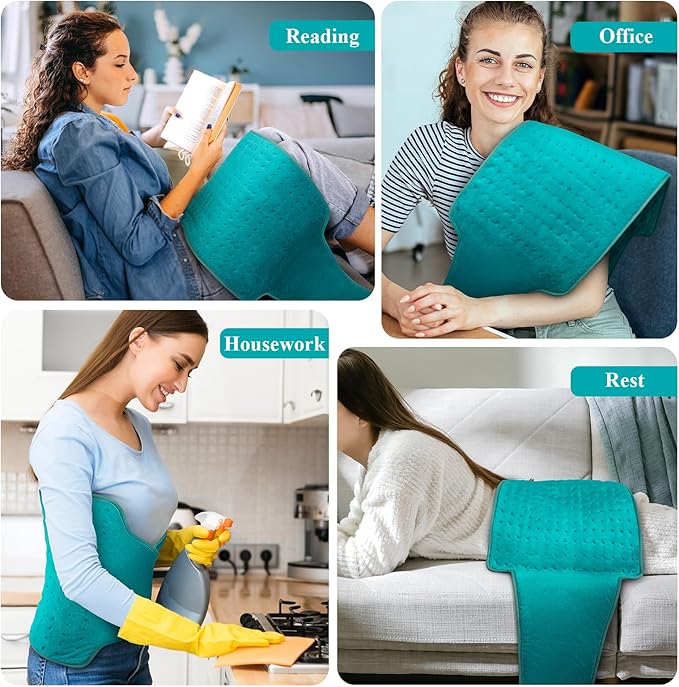 Heating Pad for Back, Heating Pad for Period Cramps/Waist/Shoulders with Belt, Christmas Gifts for Women Men Mom Dad, 6 Heat Settings, 4 Timers, Auto-Off, Machine Washable, Blue Green