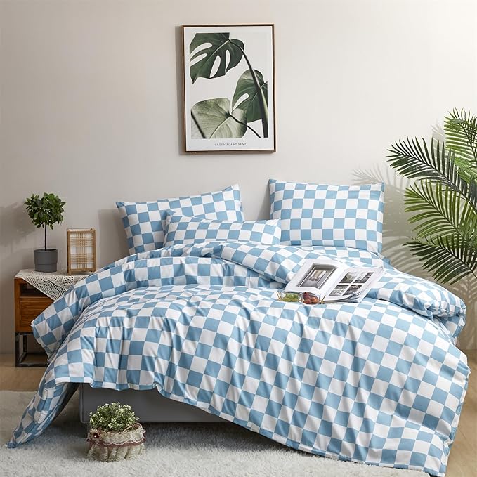 karever Blue White Grid Comforter Set Queen Blue Plaid Bedding Set Women Blue and White Checkered Bed Comforter Set Breathable Blanket Set Men Durable Bedding Comforter Set,Queen(90''*90'')
