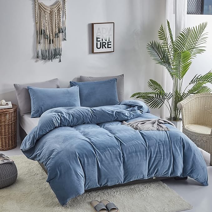 Cottonight Blue Velvet Comforter Set Queen Blue Flannel Bedding Set Queen Size Winter Blanket Quilts Modern Heavyweight Warm 3 Piece Velvet Comforter Set