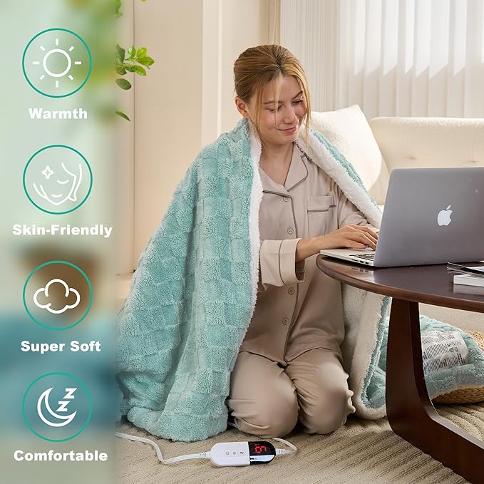 Electric Blanket, Heated Blanket with 6 Heat Levels & 10 Hours Auto Off, Soft Checked Flannel Fast Heating Blanket with ETL & FCC Certification (Green, 90"X100")