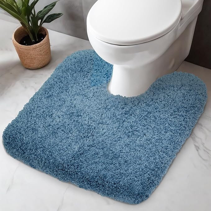 Blue Toilet Rug 22x24 Non Slip Fluffy Toilet Floor Mat U Shaped Washable Bathroom Contour Rug for Toilet Absorbent Thick Toilet Carpet