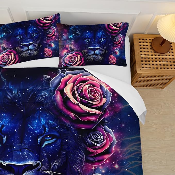 Black and Red Galaxy Roses Lion Comforter Set Queen Size，Queen Size Bedding Set Animal Print，Jungle Animal Bedroom Decor，with 1 Comforter with 2 Pillow Case