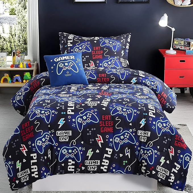 Twin Comforter Set for Boys-3 Pieces Gamer Glow in The Dark Twin Bedding Sets for Kids,1 Comforter,1 Sham and 1 Decor Pillow