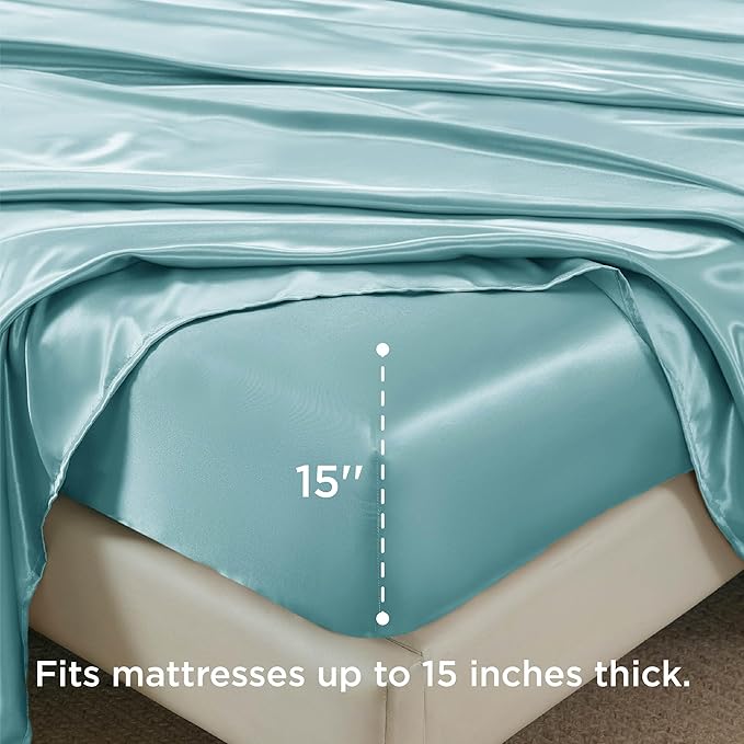 Bedsure Satin Sheets Full Size - 4 Piece Silky Bedsheets with 15 Inches Deep Pocket Fitted Bedsheet,1 Flat Sheet, 2 Satin Pillowcases, Good for Hair & Skin (Full, Blue)