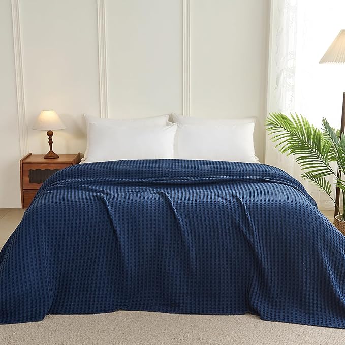 Aganear Waffle Blanket - Lightweight Breathable Summer Blanket of 50% Cotton and 50% Rayon Derived from Bamboo for Hot Sleepers Luxury Throws for Bed, Couch and Sofa,Navy,90x90 Inches