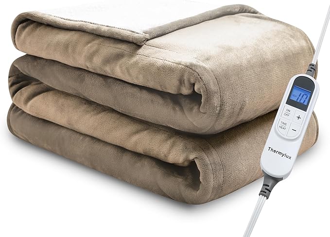 Electric Blanket Throw 50"x60" Heated Electric Blankets 10 Heating Levels 12 Time Settings 3 Hours Auto Off Fast Heating and Overheat Protection ETL Certified Machine Washable,Light Brown