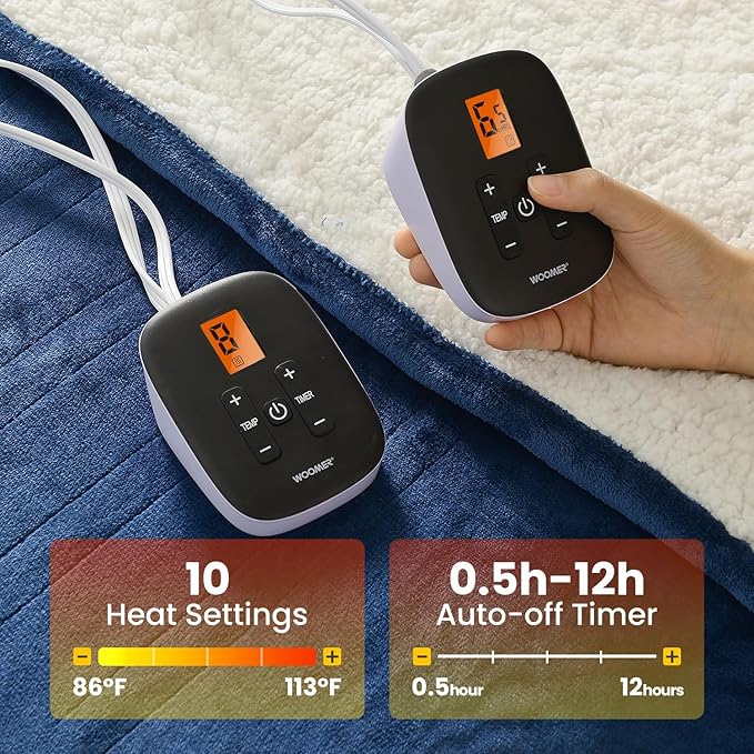 WOOMER Heated Blanket King Size,Durable Flannel and Soft Sherpa,Dual Control,84” × 90” Electric Blanket, 10 Heat Levels&0.5-12h auto-Off, Overheat Protection,Energy Efficient