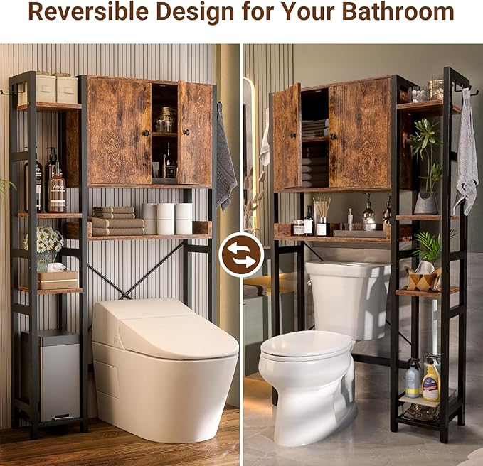 Over The Toilet Storage Cabinet with Doors - 7 Tier Bathroom Organizer with Adjustable Shelf, Freestanding Space Saver Rack Above Toilet Stand with 4 Hooks for Bathroom, Restroom, Laundry, Rustic