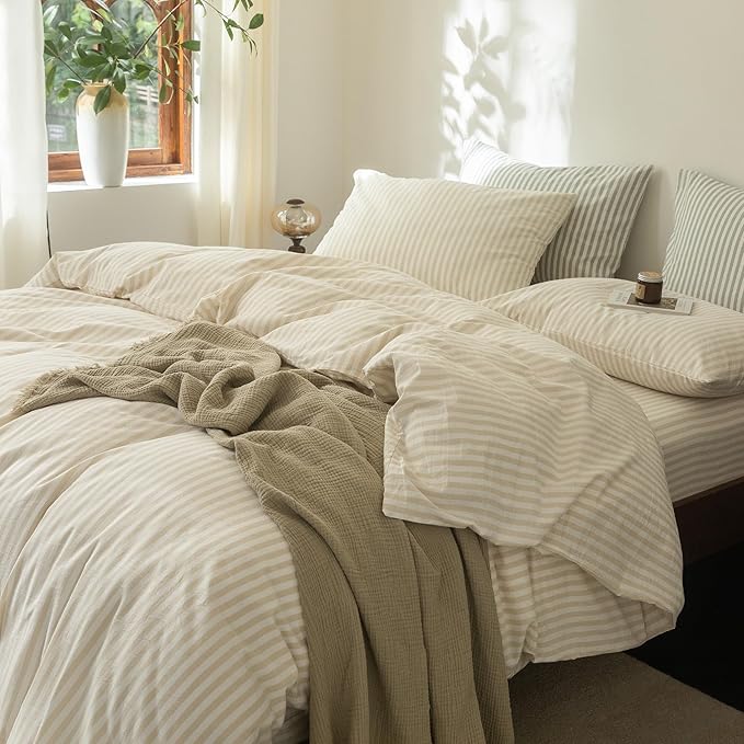 FOSSA Striped Duvet Cover Set 100% Washed Cotton Linen Feel Super Soft Breathable Cozy 3 Pieces Bedding Sets Almond Milk Grey Classic Stripes Queen