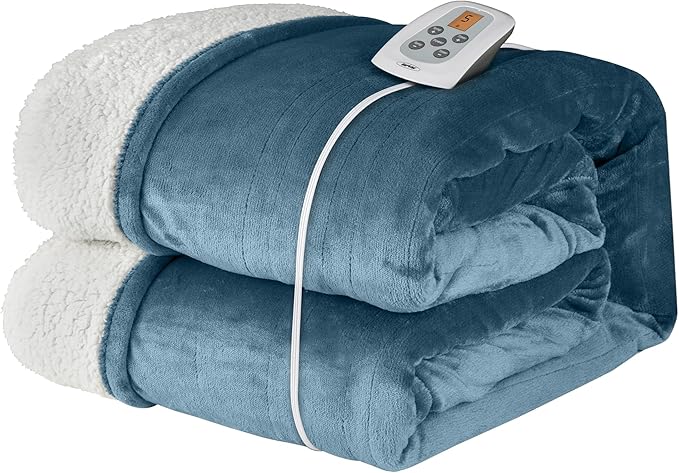 SUNVIVI Electric Heated Blanket, 84" x 62" Twin Size Electric Blanket with 10 Heating Levels and 12 Hours Auto-Off, Soft Flannel Blanket with ETL Certification, 5 Year Warranty, Blue