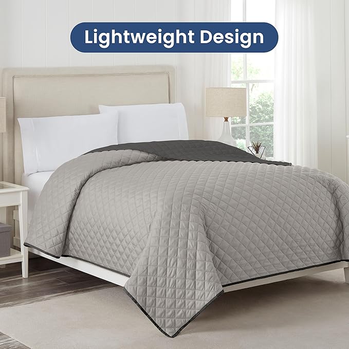 Martex Reversible Coverlet – Full Queen Size Quilt - Lightweight Full Size Bedding– Durable Queen Size Quilts for Bed – Soft - Easy Care Bedding – Light Gray/Graphite