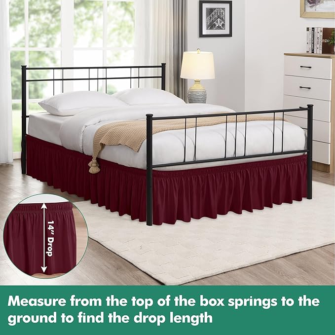 Biscaynebay Wrap Around Bed Skirts with Split Corners for Queen Beds 14" Drop, Burgundy Elastic Dust Ruffles Adjustable Easy Fit Wrinkle & Fade Resistant Silky Luxurious Fabric Machine Washable