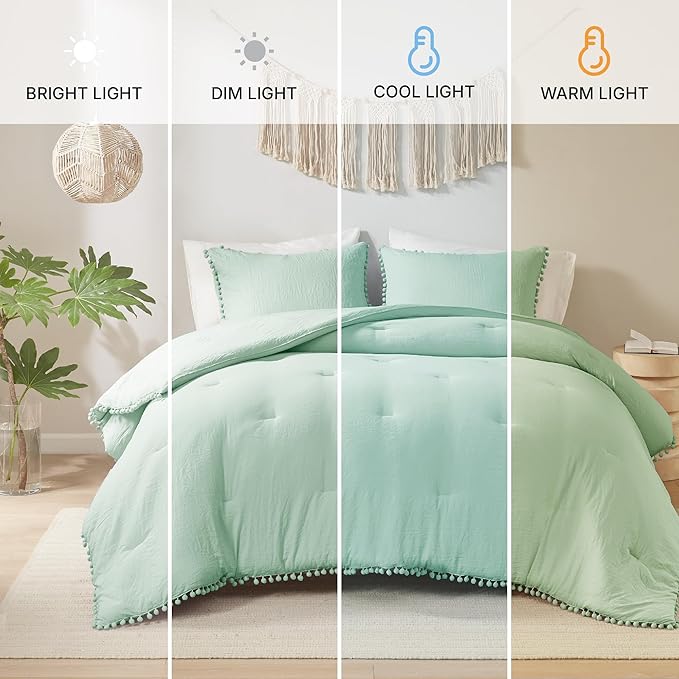 Codi Sage Green King Comforter Set - Boho Chic Bedding with Elegant Pom Fringe, Soft Washed Microfiber 3pc Luxury Set, Lightweight & Breathable for Master Bedroom, 1 Comforter & 2 Pillow Shams