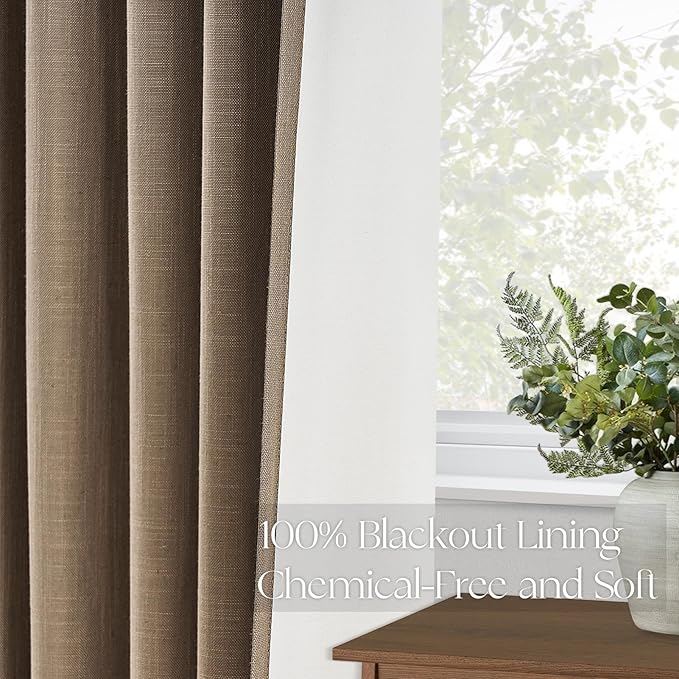 Topfinel Taupe Burlap Linen Blackout Curtains & Drapes 84 Inch Length 2 Panels Set, Pinch Pleated Flax Linen Brown Tan Beige Soundproof Cabin Curtains with Hooks Rings for Bedroom Living Room